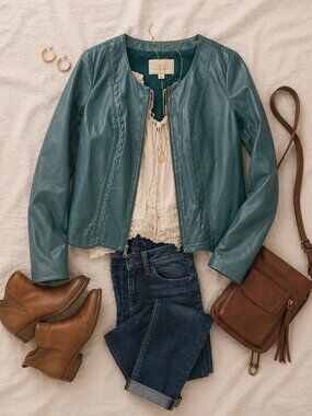 Anthropologie 100% Leather Moto Jacket Small Green Army Wives Coastal Chic